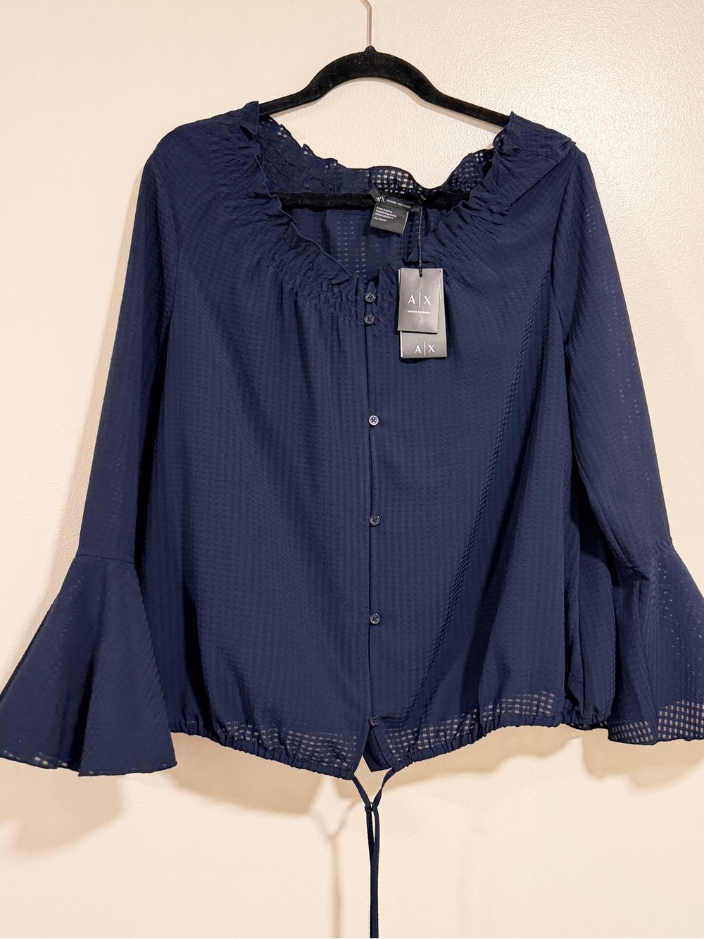NWT Armani Exchange Womens Size XL bell sleave Blouse Navy Blue Top Business